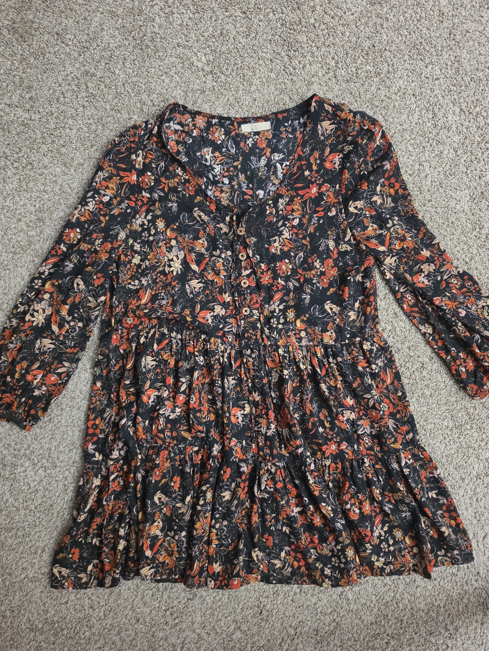 Chelsea & Violet Black Floral Tiered Long-Sleeve Dress with Orange Accents
